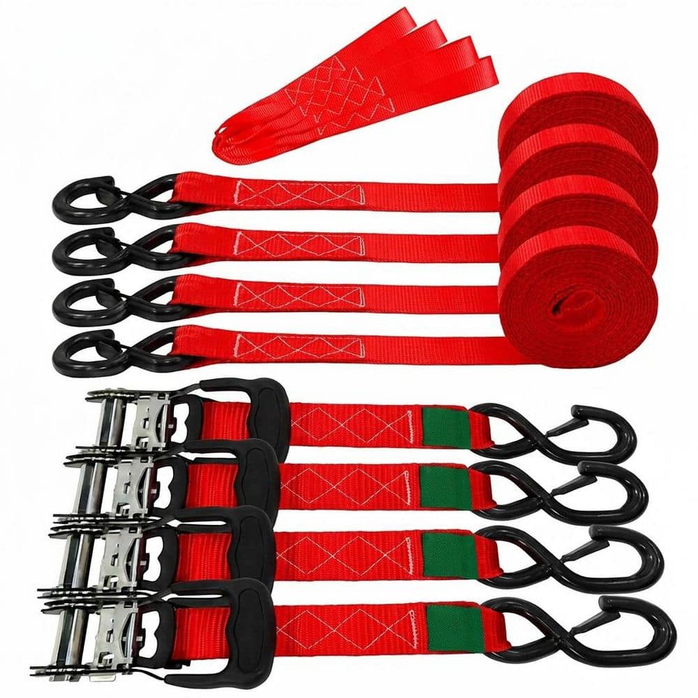 LAIFUCAM 8 ft. x 1.5 in. Ratchet Tie Down Straps Heavy Duty 4 Pack 5208 lb. Break Strength S-Hook Soft Loop Motorcycle ATV Cargo (1)