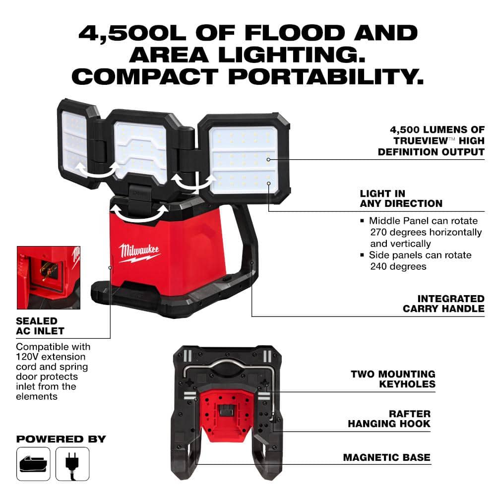 Milwaukee M18 18-Volt Lithium-Ion Cordless 4500 Lumens ROVER Dual Power Triple-Panel Flood & Area Light (Tool-Only) (2)