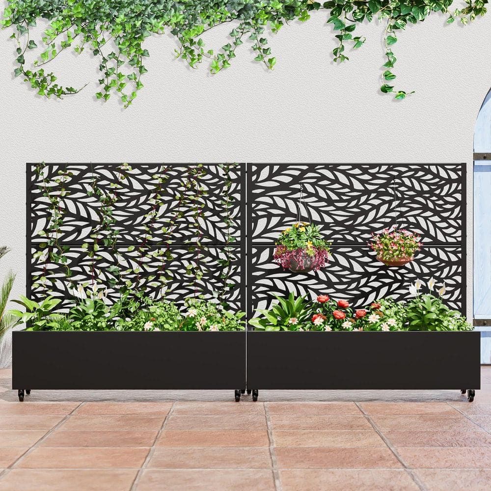Dovelina Set of 2-49 in. x 16 in. x 47 in. Black Metal Iron Planter Box with Attached Trellis for Climbing Vegetation (1)