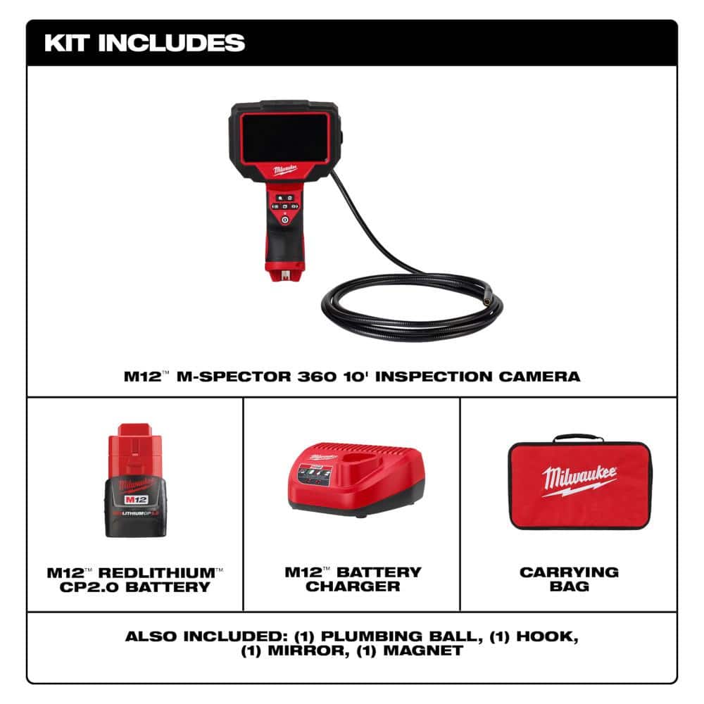 Milwaukee M12 12-Volt Lithium-Ion Cordless M-SPECTOR 360-Degree 10 ft. Inspection Camera Kit w/M12 750 Lumen TRUEVIEW Spotlight (2)