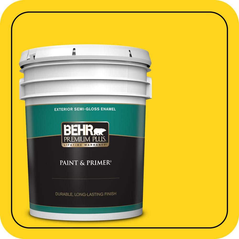 BEHR PREMIUM PLUS 5 gal. #S-G-390 Lemon Zest Semi-Gloss Enamel Exterior Paint & Primer