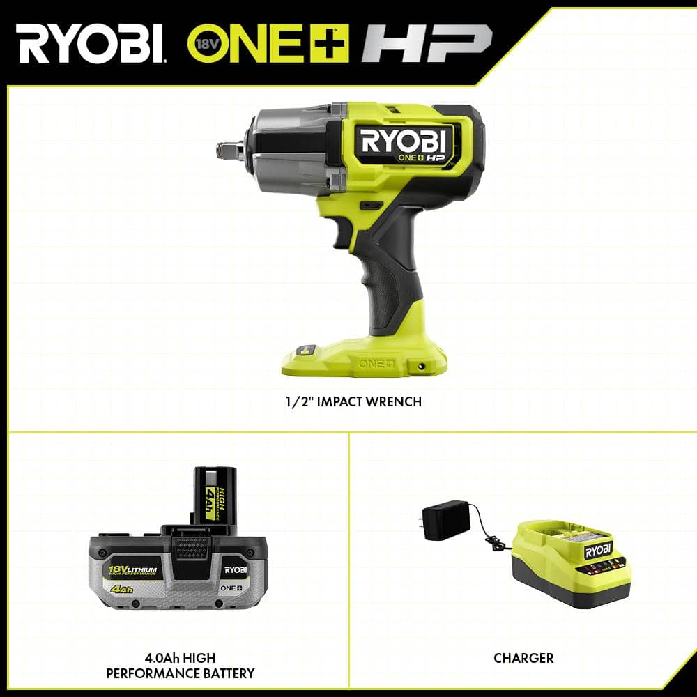 RYOBI ONE+ HP 18V Brushless Cordless 4-Mode 1/2 in. High Torque Impact Wrench Kit w/ 4.0 Battery, Charger, & Metric Socket Set (2)