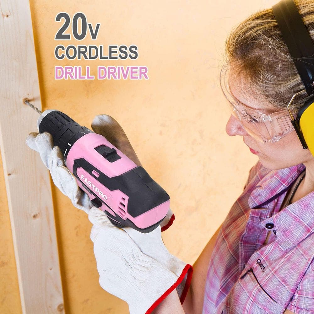 Laybus 232-Piece 20V Pink Cordless Lithium-ion Drill Driver and Home Tool Set, Repairing Kit with 12 in. Mouth Open Storage Bag (3)