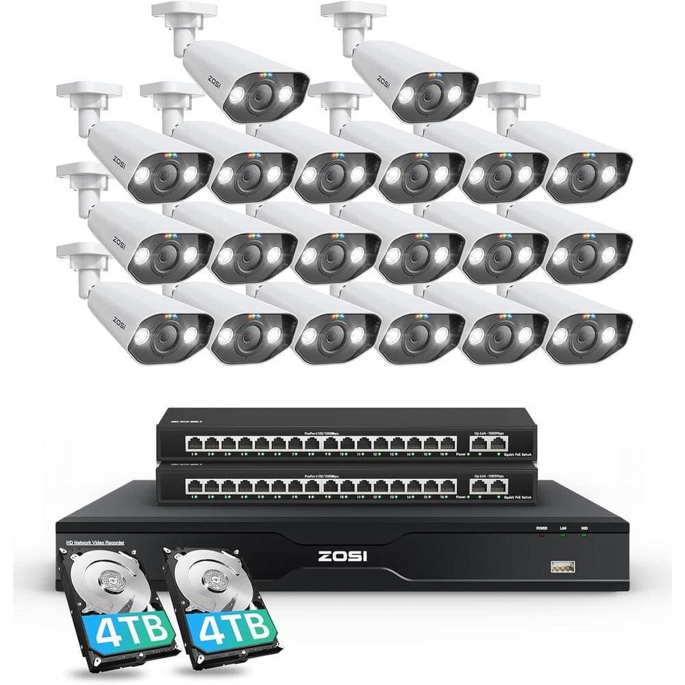 ZOSI 4K UHD 32-Channel 8TB POE NVR Home Security Camera System with 20 Wired 8MP Outdoor Bullet IP Surveillance Cameras (1)