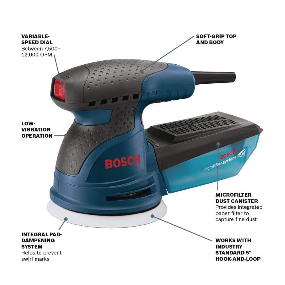 Bosch 2.5 Amp 5 in. Corded Variable Speed Random Orbital Sander/Polisher Kit with Hard Carrying Case (3)