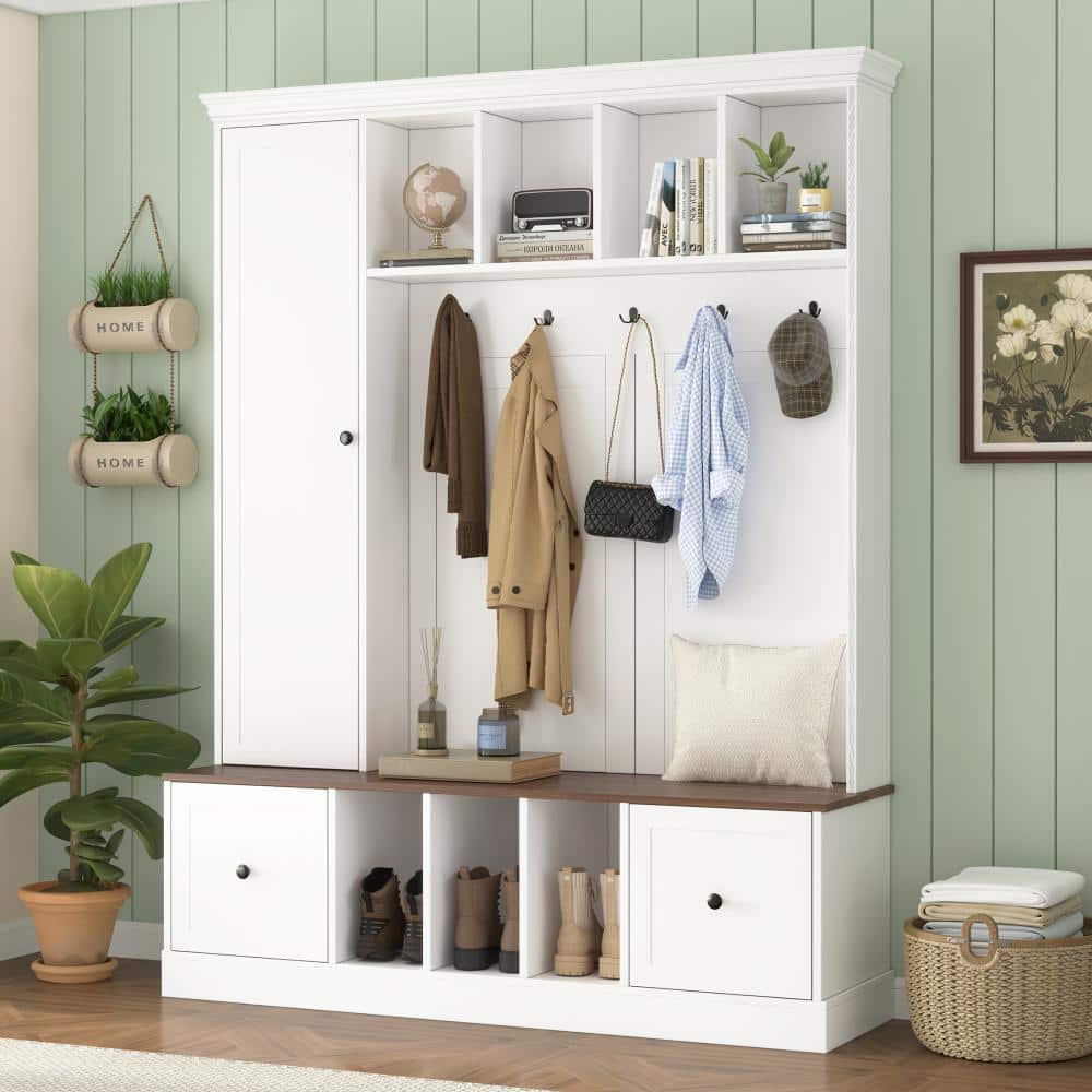 COWLOWN 62.2 in. W x 15.7 in. D x 76.9 in. H White Linen Cabinet with 5 Hooks, Adjustable Shelf Cabinet, Drawers (2)