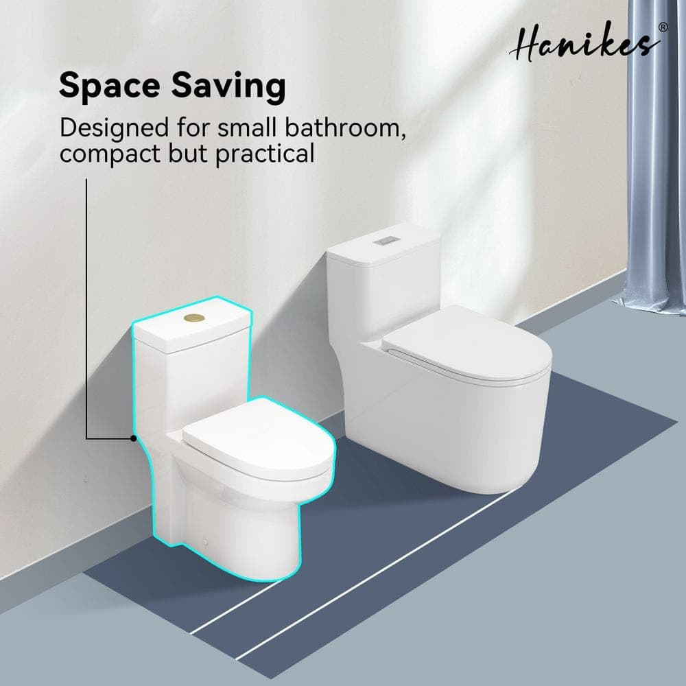 Hanikes 1-Piece 1.1/1.6 GPF Compact Dual Flush Round Toilet in White, Seat Included, with Brushed Gold Button (3)