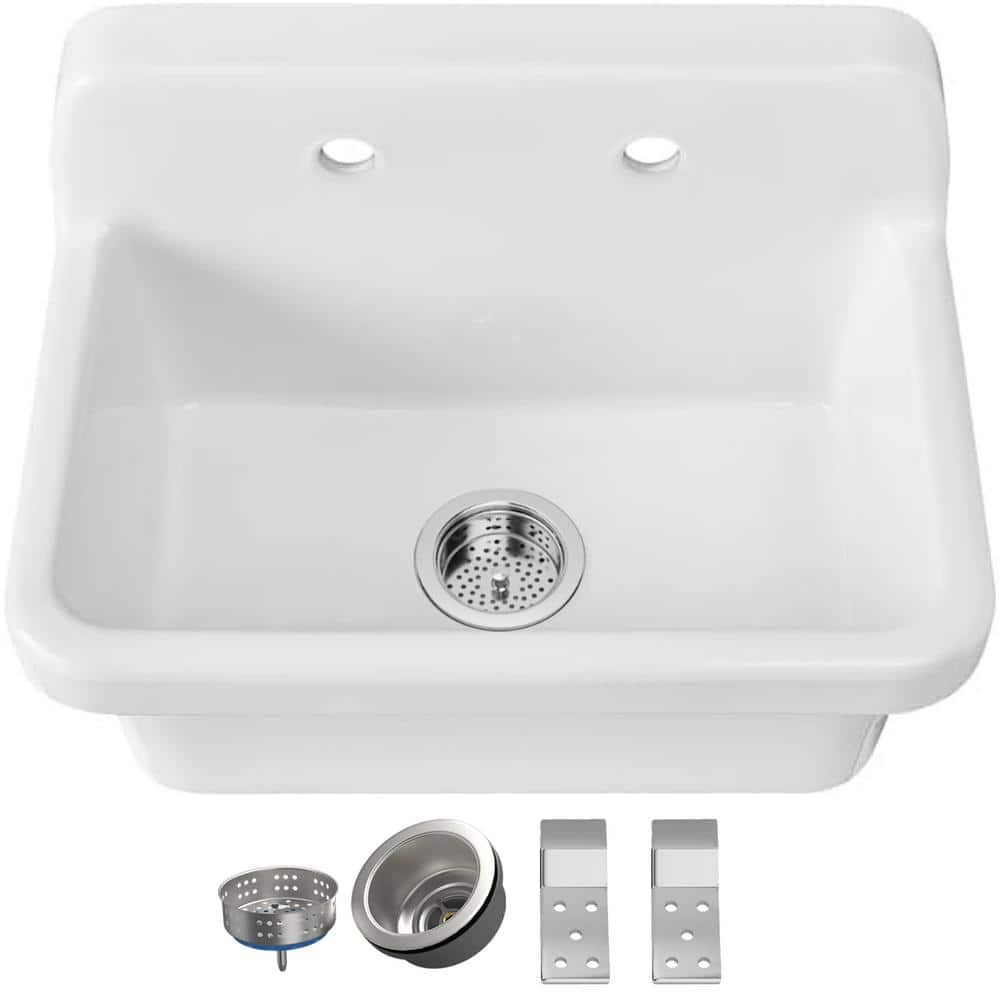 Aguamaph Farm Style 24 in. Wall Hung Fireclay Vitreous China Rectangular White Bathroom Sink High Back Utility Laundry Sink