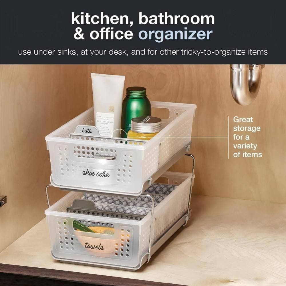 Whatseaso 2 Tier Bath Hair Tool Organizer in Plastic,Undersink Storage with Sliding Drawers, for Cleaning Supplies,Sponges (3)