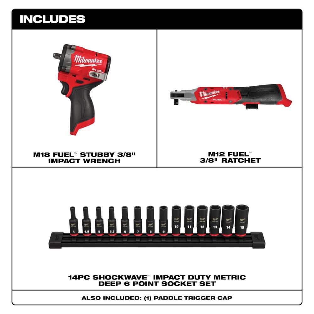 Milwaukee M12 FUEL 12V Lithium-Ion Brushless Cordless Stubby 3/8 in. Impact Wrench, 3/8 in. Cordless Ratchet and Socket Set (2)