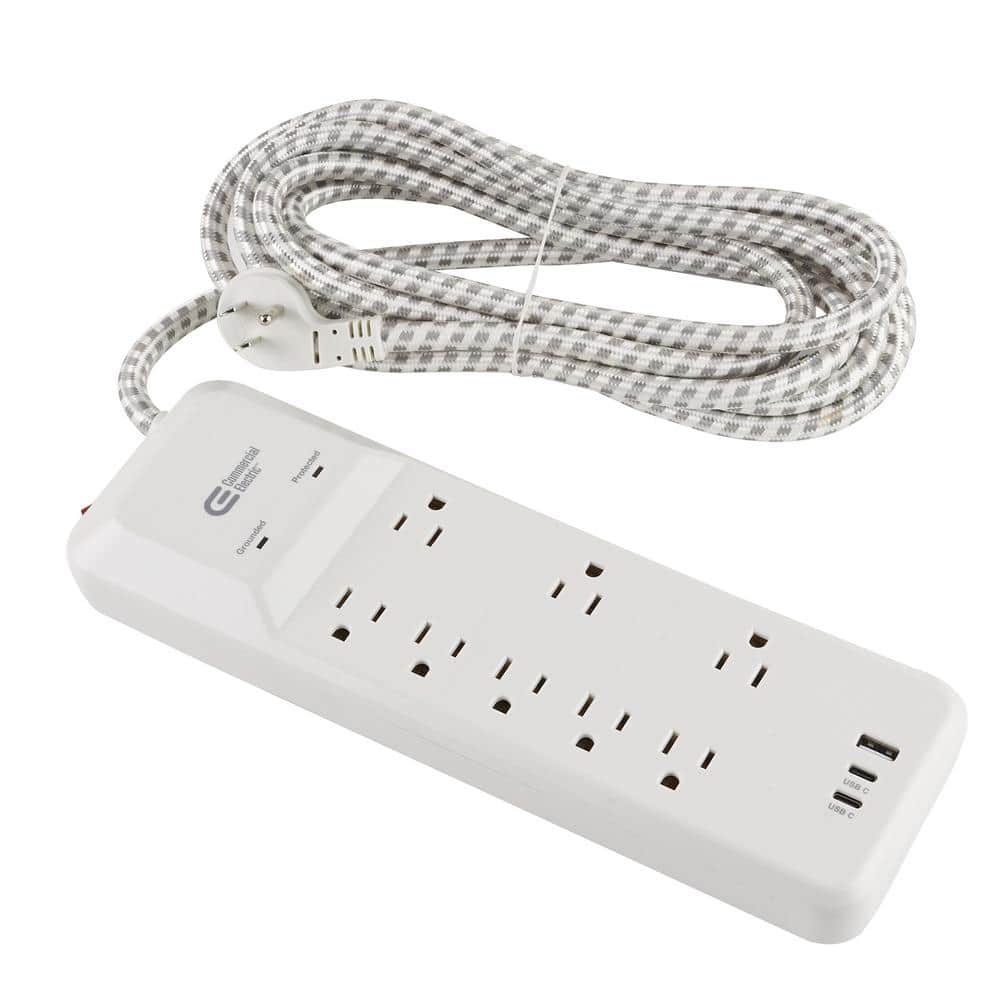 Commercial Electric 12 ft. 8-Outlet Surge Protector Braided Cord with 1 USB-A and 2 USB-C, White