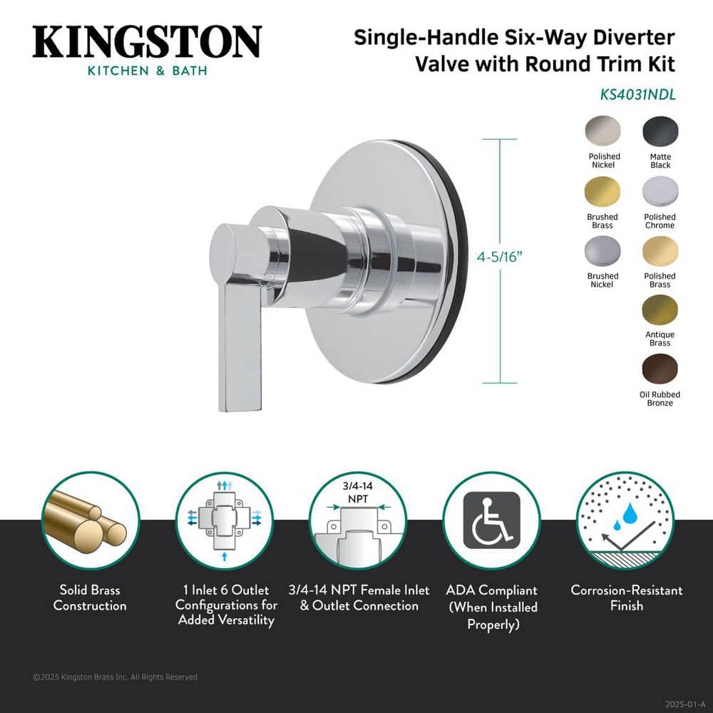 Kingston Brass Nuvo Fusion 3/4 in. Single-Handle 1-Hole Wall Mount 6-Way Diverter Valve with Trim Kit in Brushed Nickel (2)