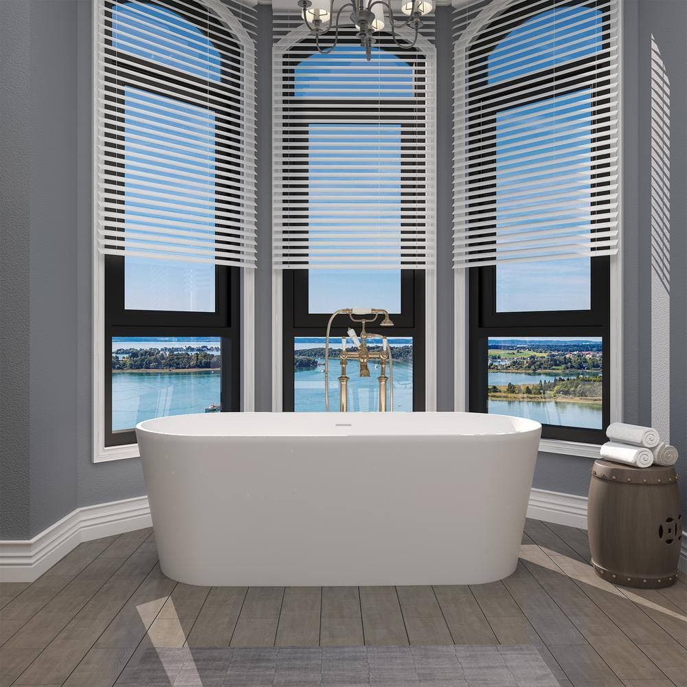 Dimakai 62.88 in. x 29.48 in. Solid Surface Freestanding Soaking Bathtub with Center Drain in Matte White (2)