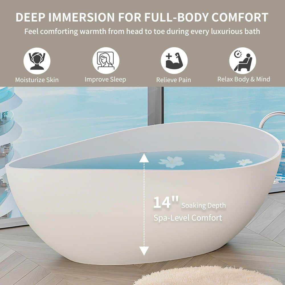Abruzzo Freestanding Soaking Solid Surface Bathtub 63 in. x 37.4 in. with Center Drain in Matte White (2)