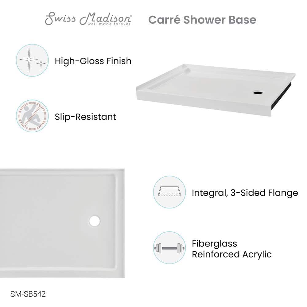 Swiss Madison Carre 48 in. L x 36 in. W Alcove Single Threshold Shower Pan Base with Right Drain in White (2)