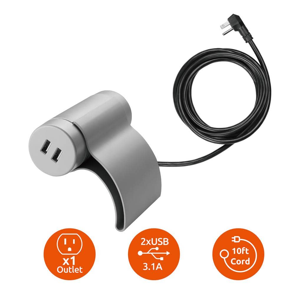 Link2Home 1-Outlet and 2-USB Ports 3.4 Amp Sofa Socket with 10 ft. Cord and Grounded Flat Plug in Light Grey