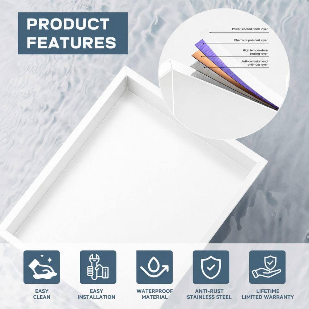 Yuaris 11 in. W x 11 in. H x 4 in. D Waterproof Recessed Shower Niche Storage Shelf in White, No Tile Needed (3)
