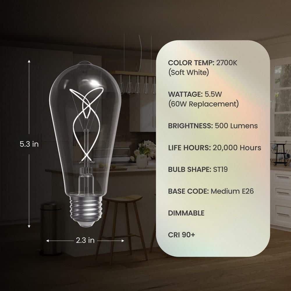 Feit Electric 60W Equiv. ST19 Dim. Knot White Filament Clear Glass E26 Vintage Edison LED Straight Tapered Light Bulb Soft White 2-PK (4)