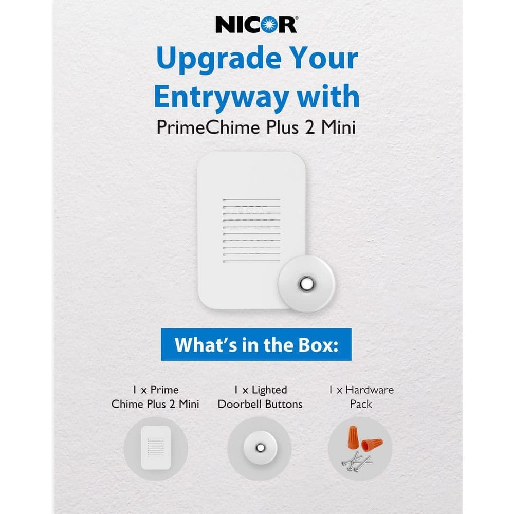 NICOR PrimeChime Plus 2 Mini Video Compatible Hardwired Door Bell Chime Kit with White Stucco Button (2)