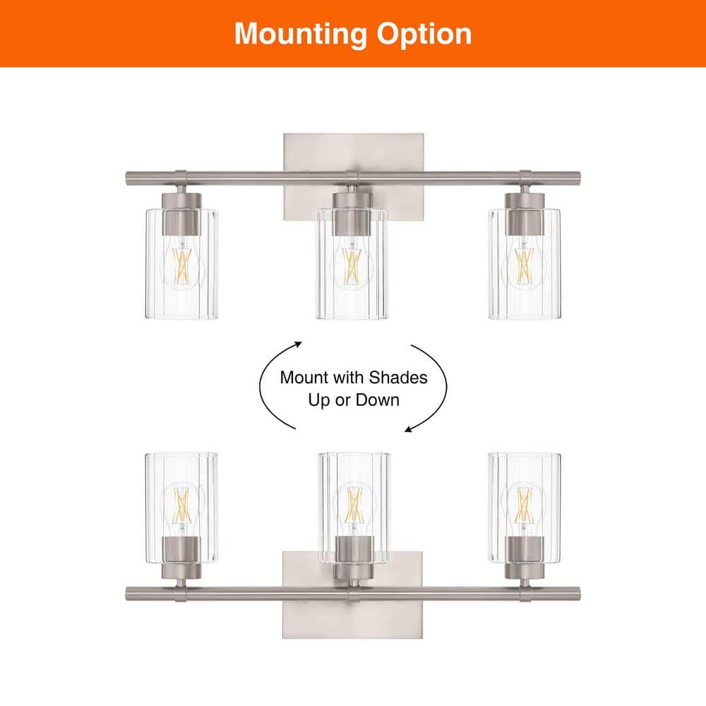 Hampton Bay Breward 24 in. 3-Light Brushed Nickel Bathroom Vanity Light with Clear Ribbed Glass (4)