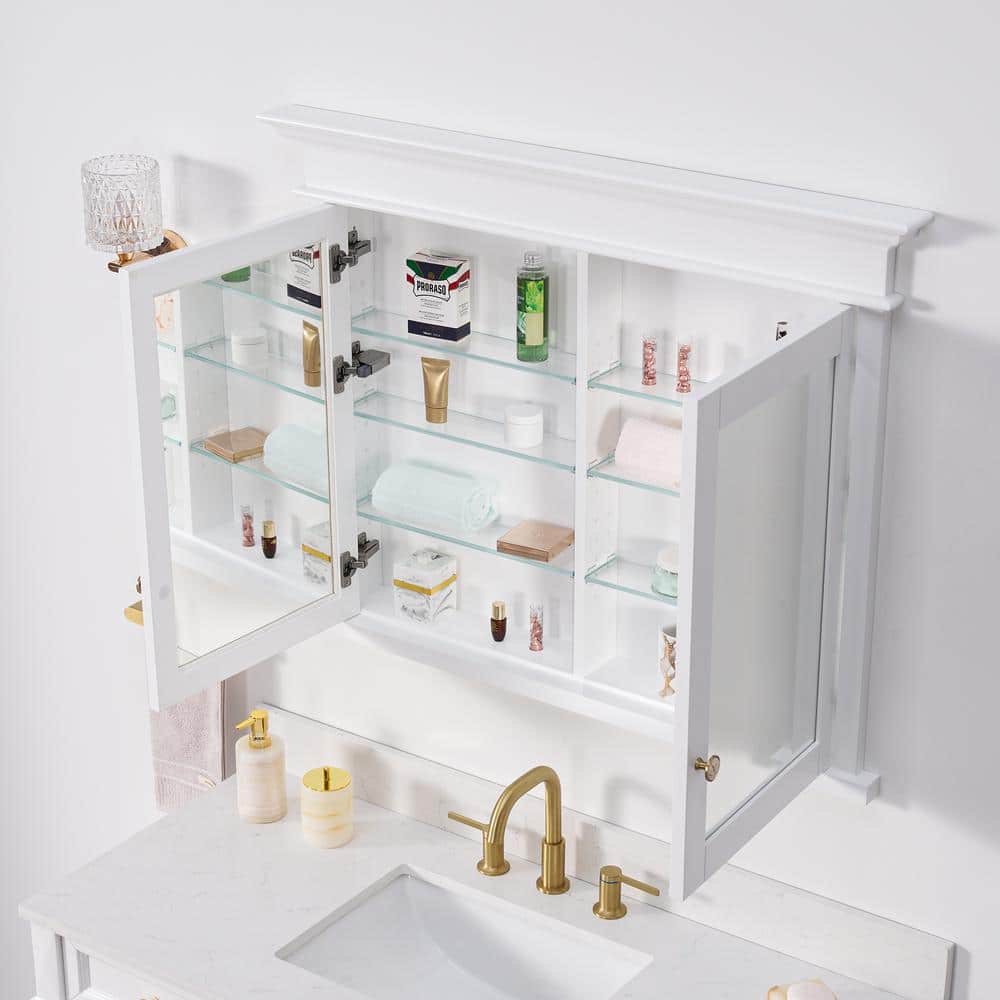 WELLFOR 40 in. W x 32 in. H Rectangular White Solid Wood Framed Recessed Mount Soft Close Door Medicine Cabinet with Mirror (3)