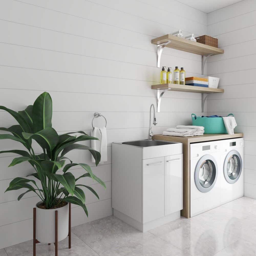 Glacier Bay 24 in. W x 21 in. D x 34 in. L Freestanding Stainless Steel Apron-Front Laundry Sink with Faucet and Cabinet in White (3)