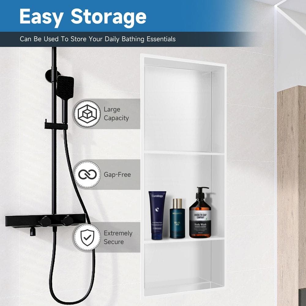 BWE 13 in. W x 31 in. H x 4 in. D Bathroom Shower Niche Double Shelf Over Mount Installation in White (2)