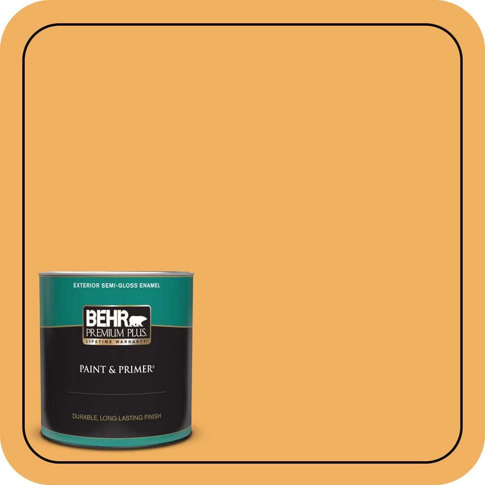 BEHR PREMIUM PLUS 1 qt. #PMD-74 Sweet Honey Semi-Gloss Enamel Exterior Paint & Primer