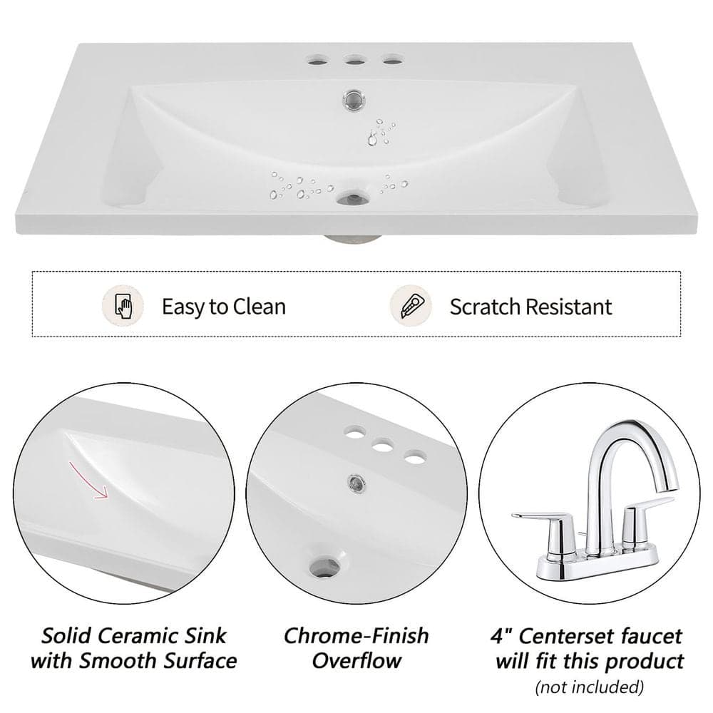 Satico 30.0 in. Drop-In Rectangular Vanity Top Bathroom Sink in White Ceramic with 3-Faucet Holes (2)