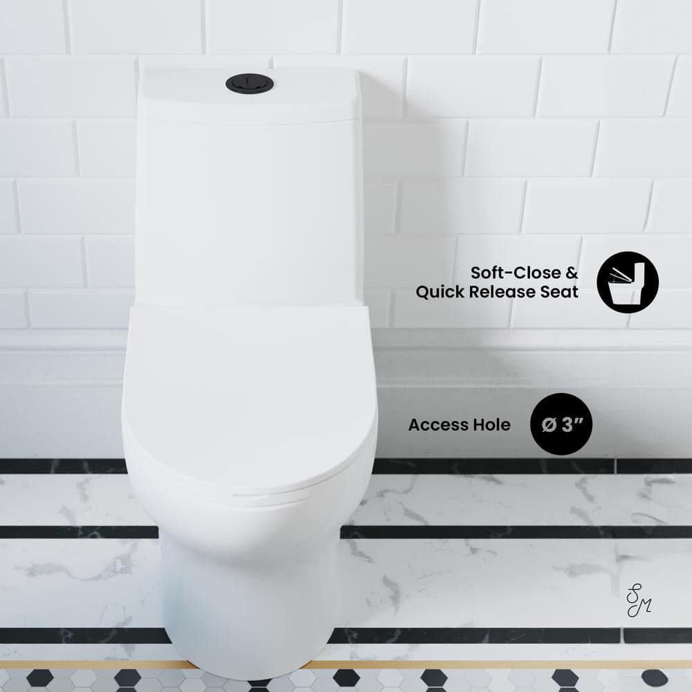 Swiss Madison Ivy 1-piece 1.1/1.6 GPF Dual Flush Elongated Toilet in. Glossy White with Black Hardware Seat Included (3)