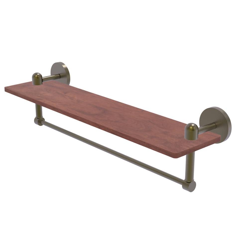 Allied Brass Tango Collection 22 in. W x 4 in. H x 5 in. D Solid Wood Rectangular Shelf in Antique Brass with Integrated Towel Bar