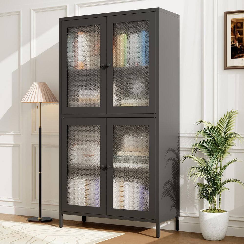 Tahanbath 13 in. W x 31 in. D x 59 in. H Black Steel Freestanding Linen Cabinet with 4-Glass Doors and 4-Shelves in Black (2)