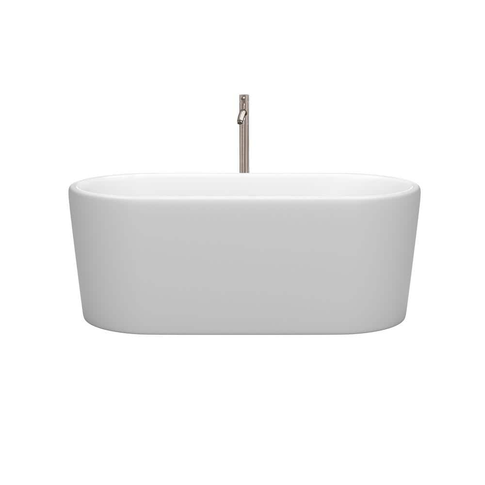 Wyndham Collection Ursula 59 in. Acrylic Flatbottom Bathtub in Matte White with Brushed Nickel Trim and Floor Mounted Faucet (2)