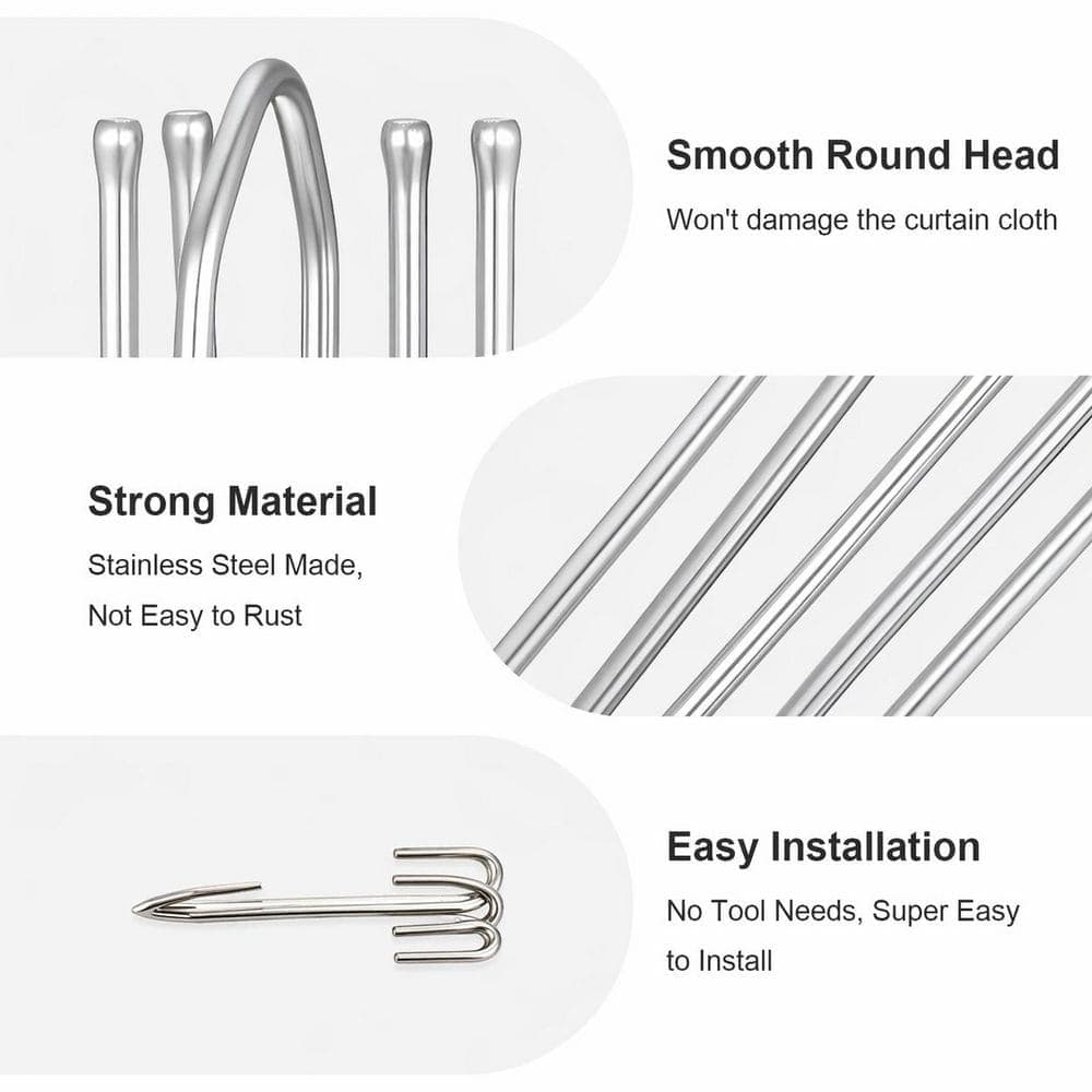 KHKFY Stainless Steel 4-Prong Pinch Pleat Curtain Hooks for Drapery Traverse Pleater Tape, Rustproof Silver (3)