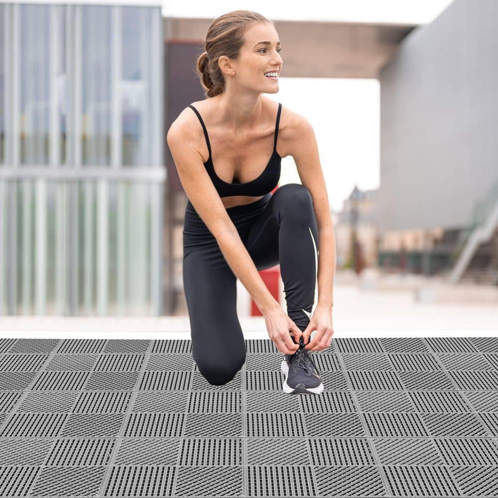 Laybus 12 in. x 12 in. Grey Interlocking Rubber Floor Tiles with Drainage Holes for Slippery Areas (9-Pack), Soft, Non-Slip (3)