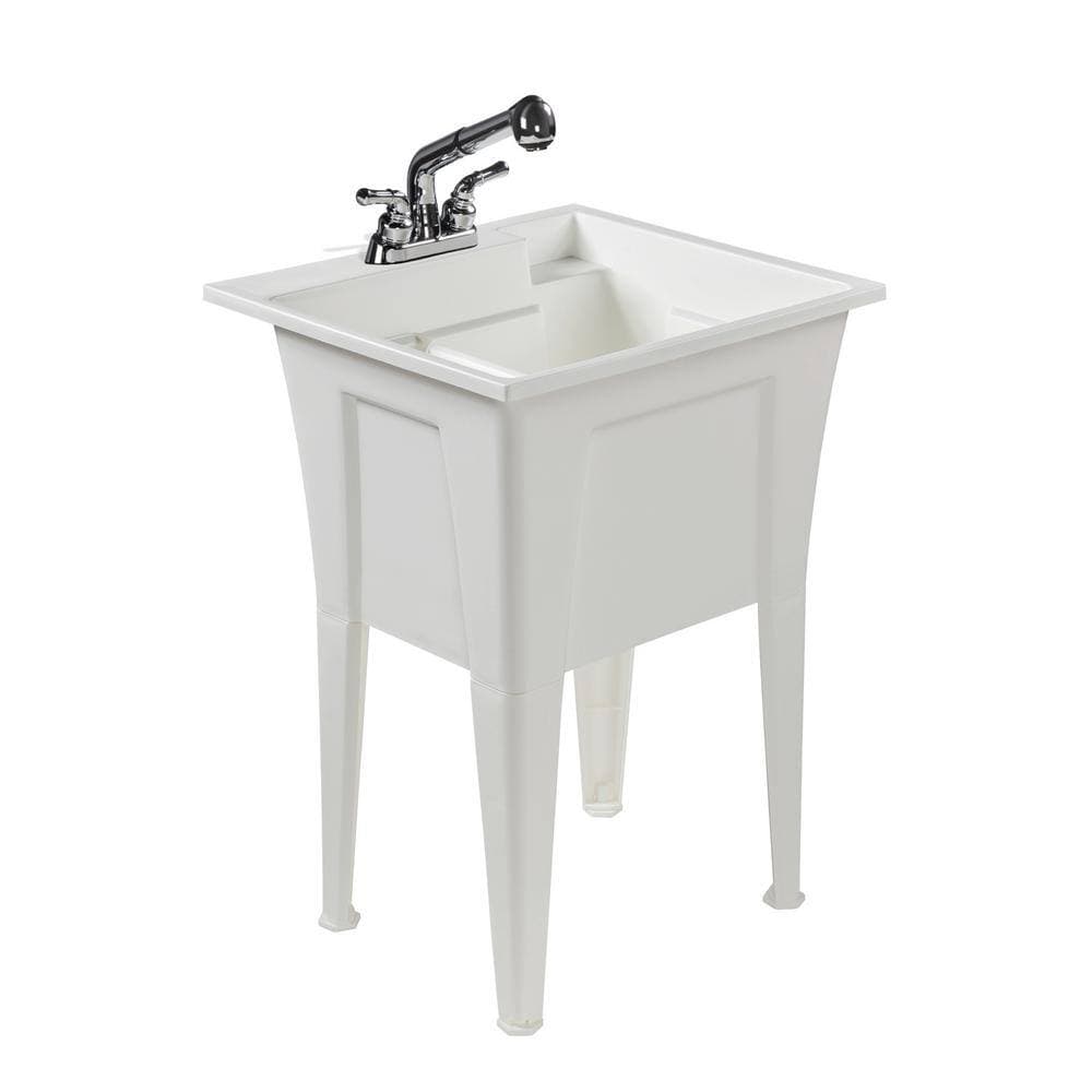 RUGGED TUB 18 Gal. 24 in. x 22 in. Freestanding White Utility/Laundry Sink Microban, Pullout Faucet, Installation Kit Included (3)