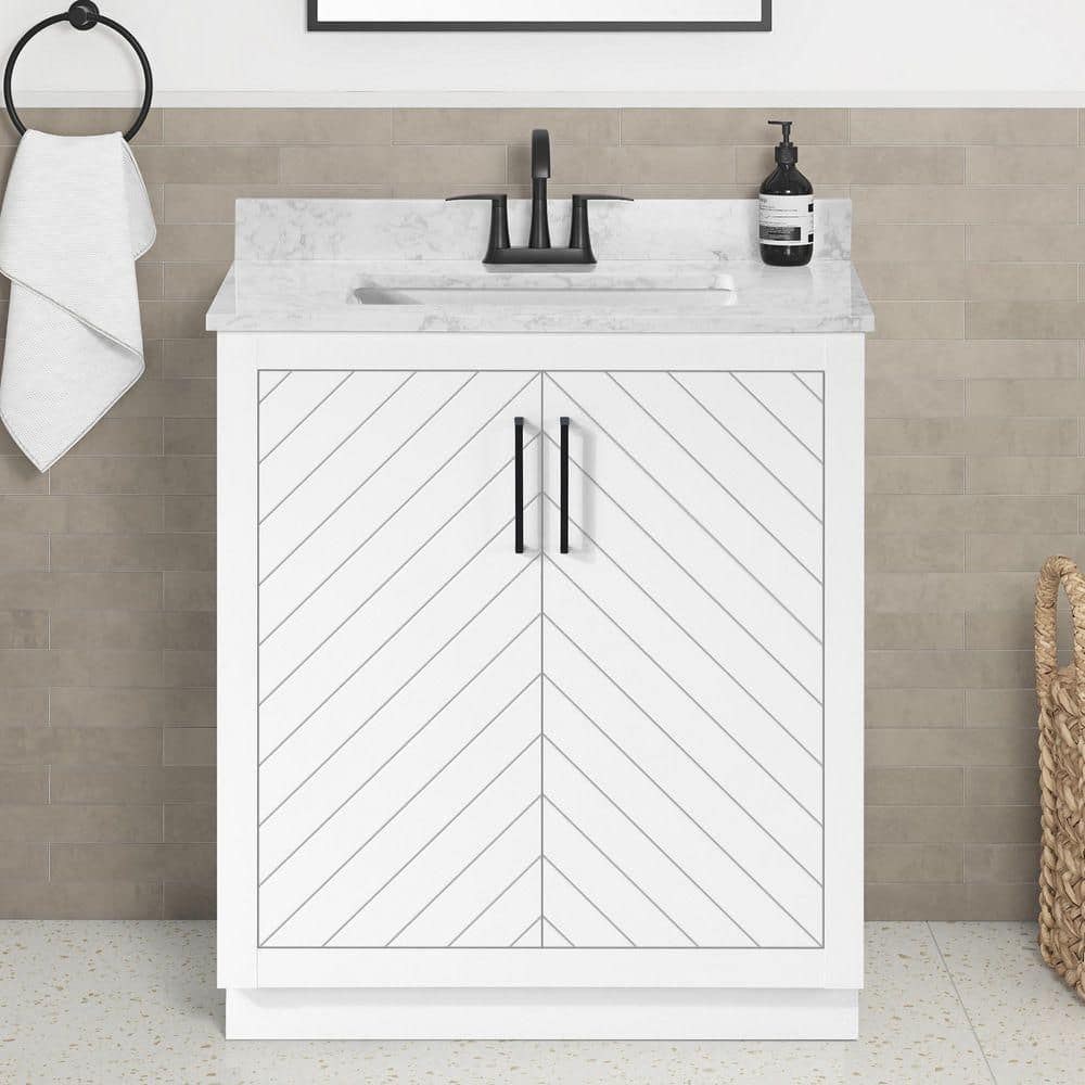 Glacier Bay Huckleberry 30 in. Single Sink Freestanding White Bath Vanity with White Engineered Marble Top (Assembled)