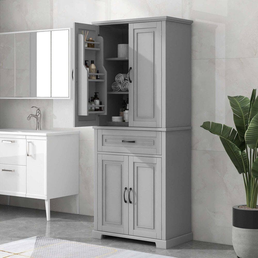 Polibi 29.90 in. W x 15.70 in. D x 72.20 in. H in Gray Bathroom Storage Linen Cabinet with Doors, Drawer and Adjustable Shelf (2)
