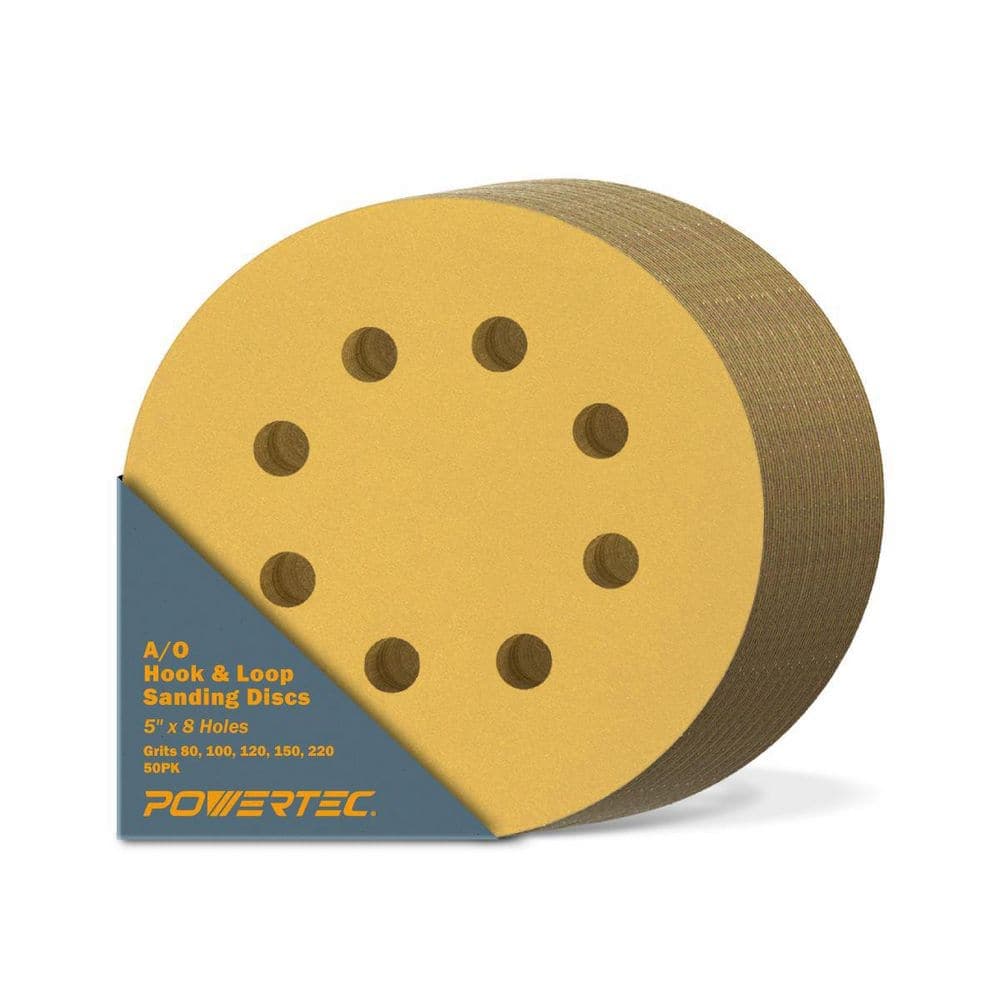 ‎POWERTEC 5 in. 80-Grit, 100-Grit, 120-Grit, 150-Grit, 220-Grit 8-Hole A/O Hook and Loop Sanding Disc Assortment in Gold (50-Pack)