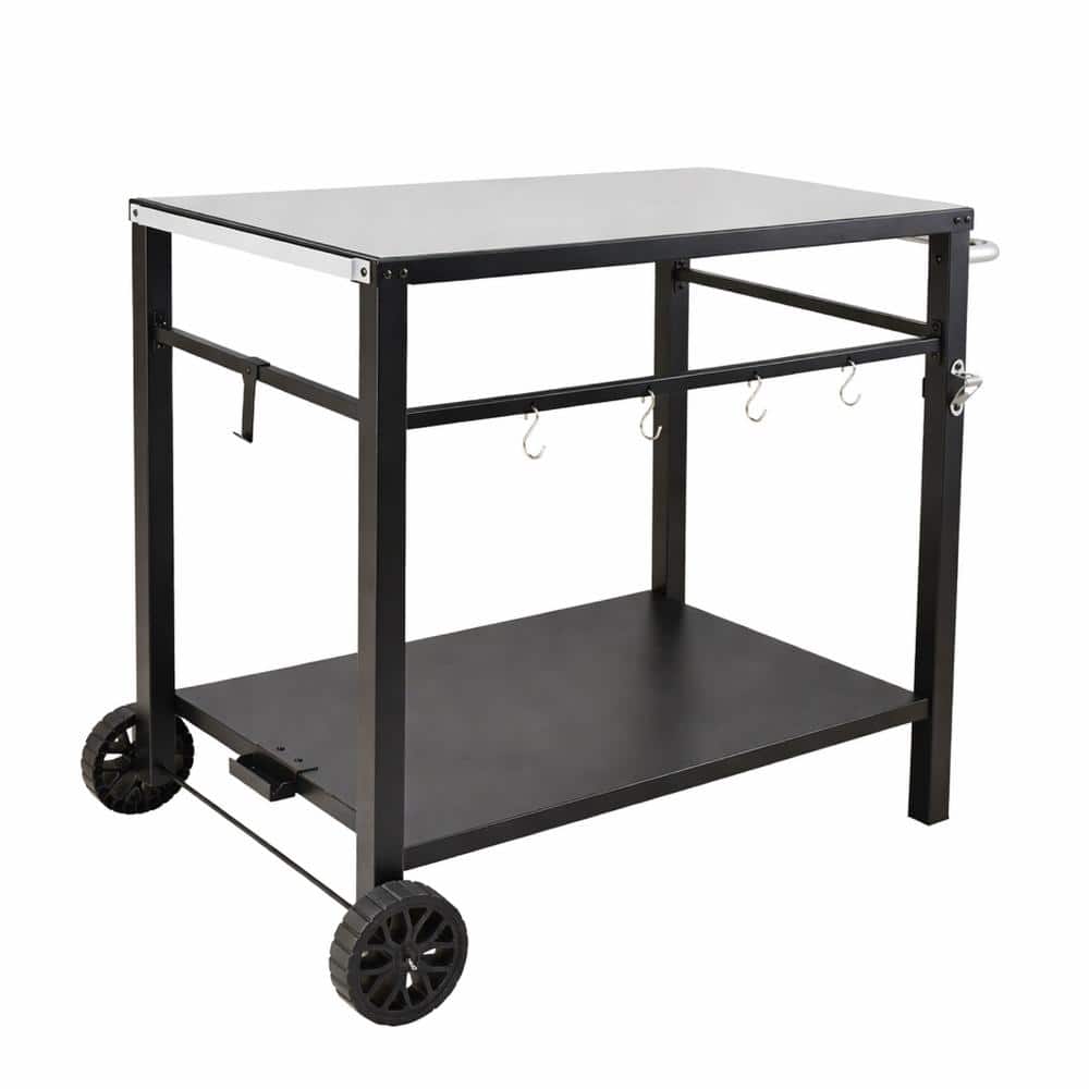 Volenca Outdoor Grill Dining Cart, Double Shelf BBQ Prep Table, Iron Top, 2 Wheels, Carry Handle, For Pizza Oven (1)