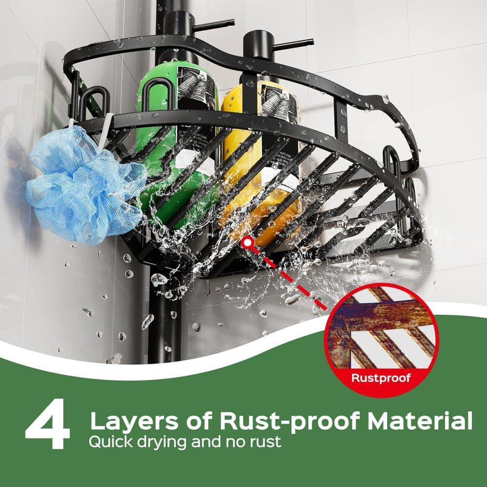 Anqtovp Tension Pole Mount Rustproof Quick Install Stable Shower Caddy in Black for Renters 4-Tier Bathroom Organizer 47-121 in. (3)