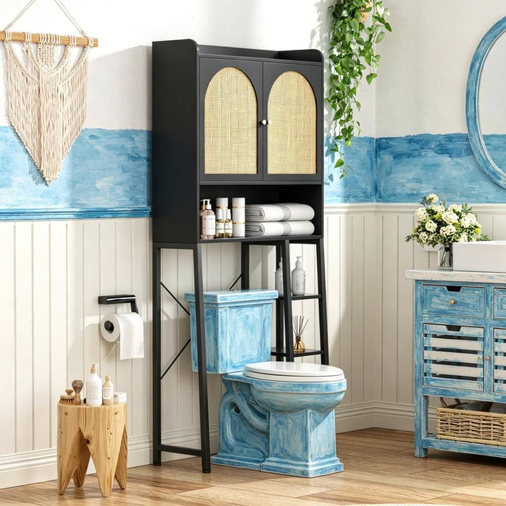 Whatseaso 30.7 in. W x 679 in H x 9.8 in. D Wood in Black Over The Toilet Storage Cabinet with Metal Stand and Wood Rack (3)