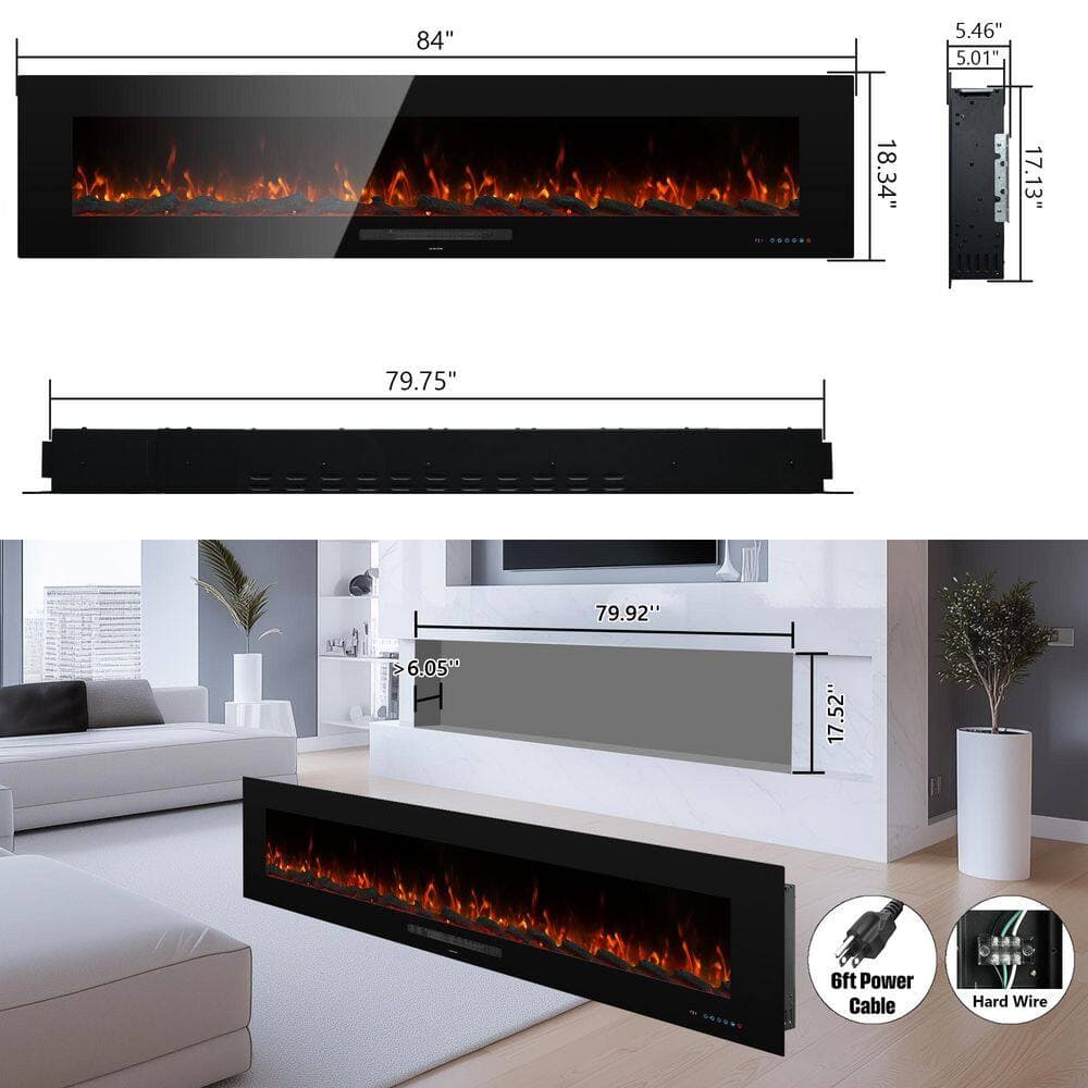 Delandgrand 84 in. Electric Fireplace Inserts Recessed/Wall Mounted, Colorful Flame, Fuel, Setting Dimer, Plug In, Hard-Wire, Black (3)