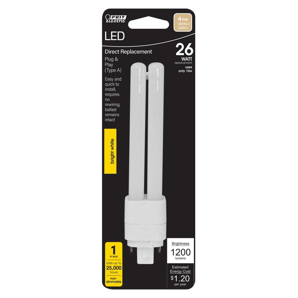 Feit Electric 26-Watt Equivalent PL QuadTube CFLNI 4-Pin Plugin G24Q-3 Base CFL Replacement LED Light Bulb, True White 3500K (1-Pack) (3)