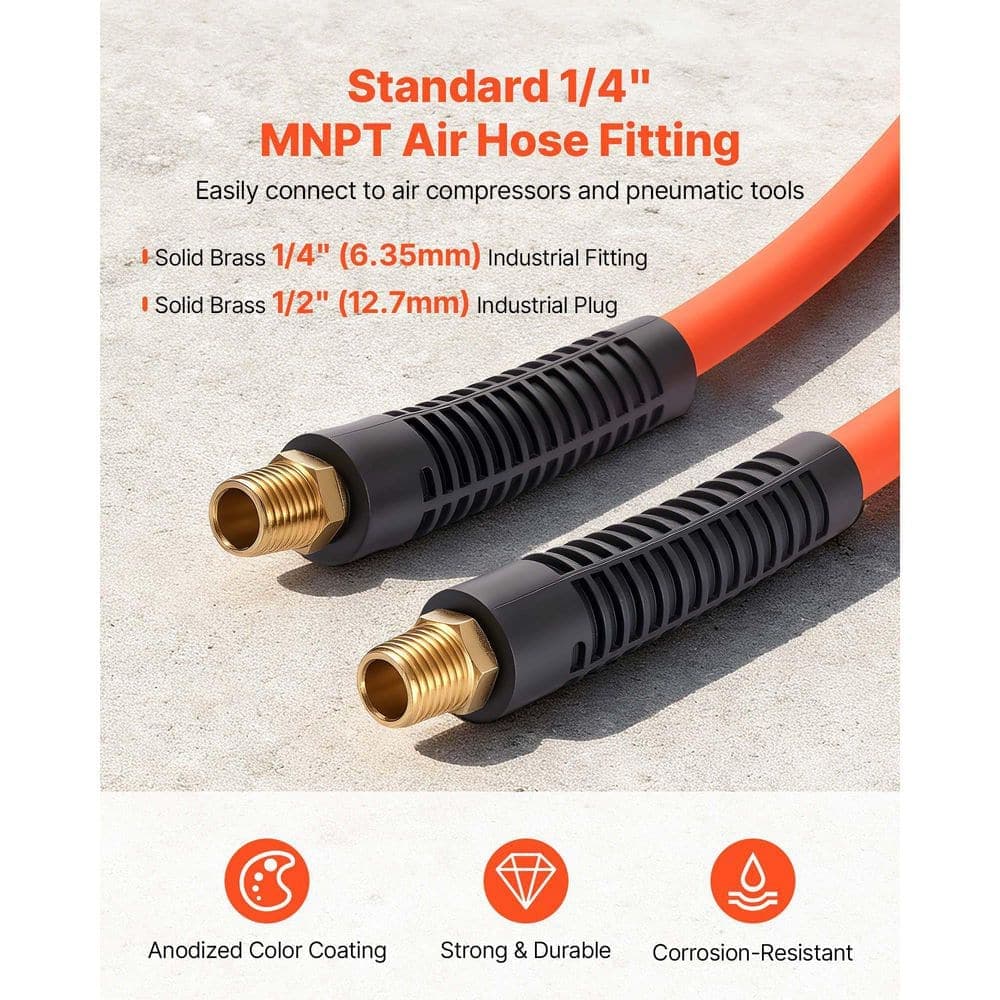 VEVOR Air Hose, 3/8in. x 50ft. Hybrid Air Hose, Lightweight, Kink Resistant, Pneumatic Hoses 1/4 in. Solid Brass Male Fitting (3)