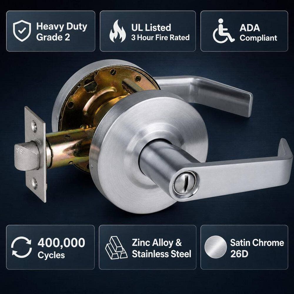 Wudkey 2-Piece Commercial Door Locks in Chrome, Heavy Duty Grade 2 Lever for Commercial Bathroom, Included Non-Handed (3)