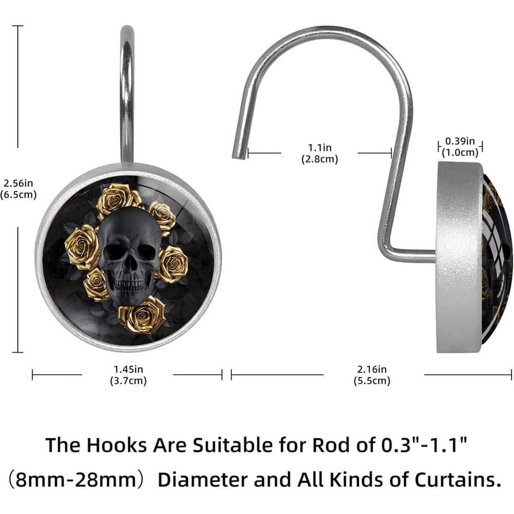 KHKFY Set of 12 Black Skull with Gold Roses Decorative Metal Shower Curtain Hooks Rustproof and Durable Unit (3)