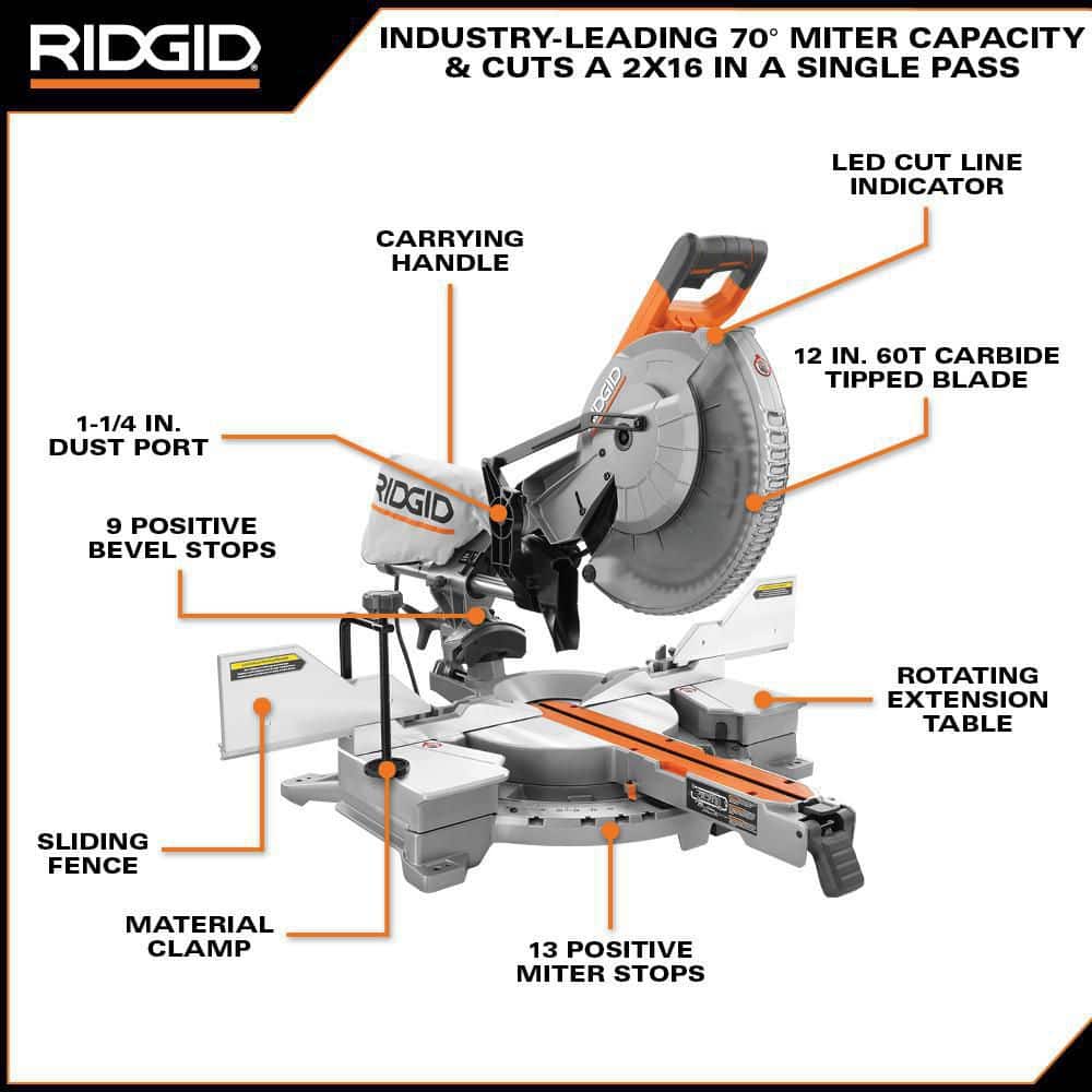 RIDGID 15 Amp Corded Dual Bevel Sliding Miter Saw with 70 Deg. Miter Capacity and LED Cut Line Indicator (2)