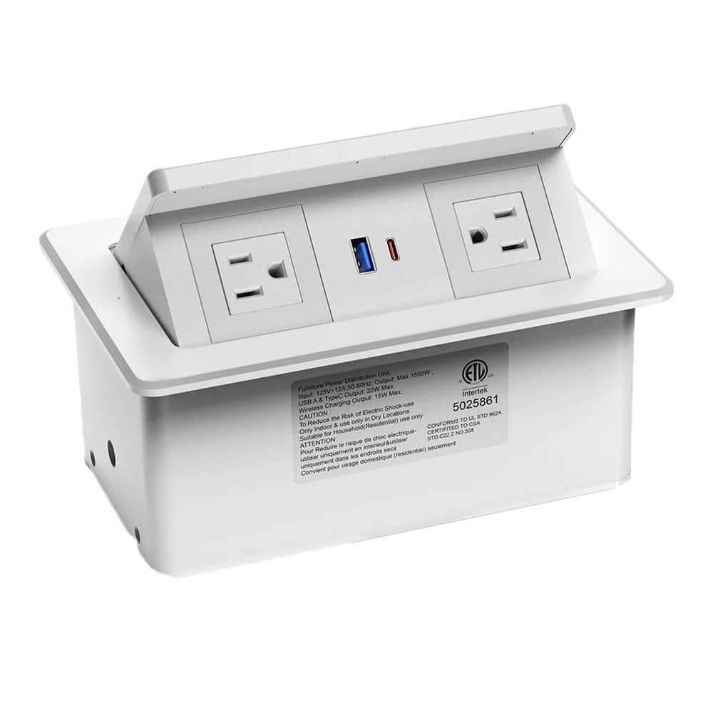 OBJLGEV 6 ft. 2-Outlet Surge Protector with 1 USB-A Ports 1 USB-C Ports Wireless Charger Pop Up Recessed Power Strip