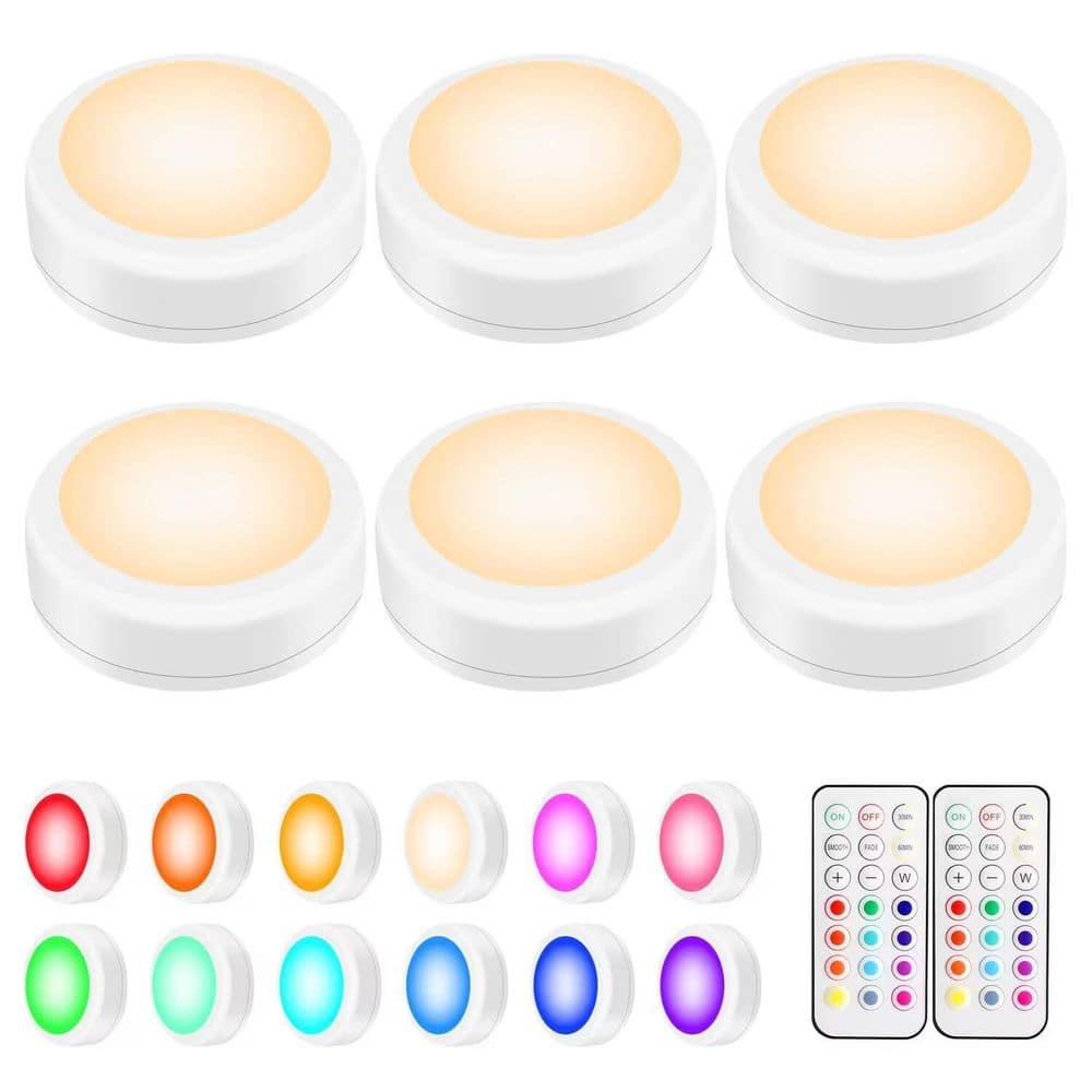 Wudkey 6-Pack LED Puck Lights with Remote Control, Wireless Under Cabinet Lights with 13 Color Changing Lights, White Shell (1)